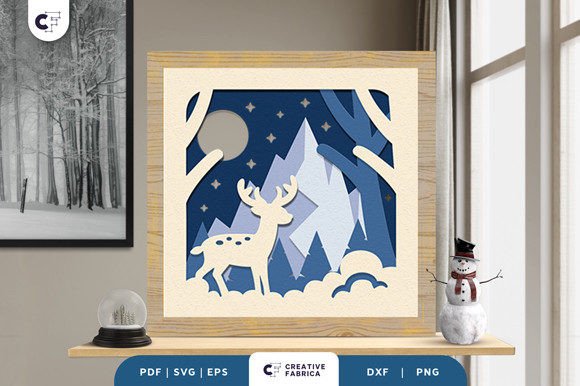 Deer on Mountain Landscape 3D Shadow Box – Winter-Themed 3D SVG for Digital Sellers