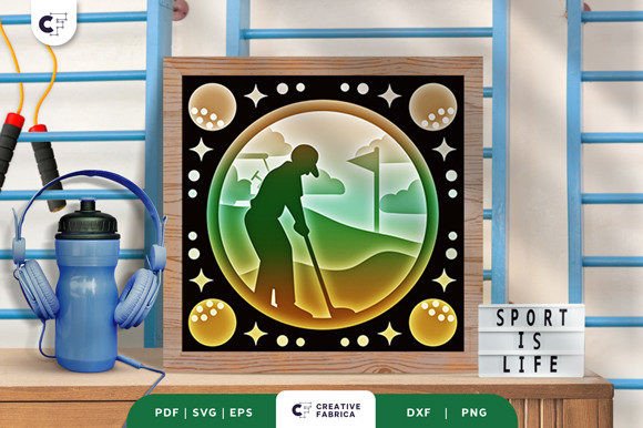 Golf Player Paper Cutting Light Box: 3D SVG Sports Asset