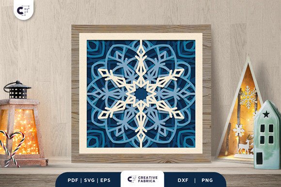 Intricate Snowflake Mandala 3D Light Box: Winter-Inspired 3D SVG for Elegant Branding