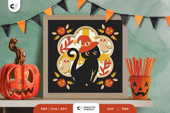 Witch Black Cat 3D Shadow Box: Halloween-Themed 3D SVG That Delivers Visual Charm